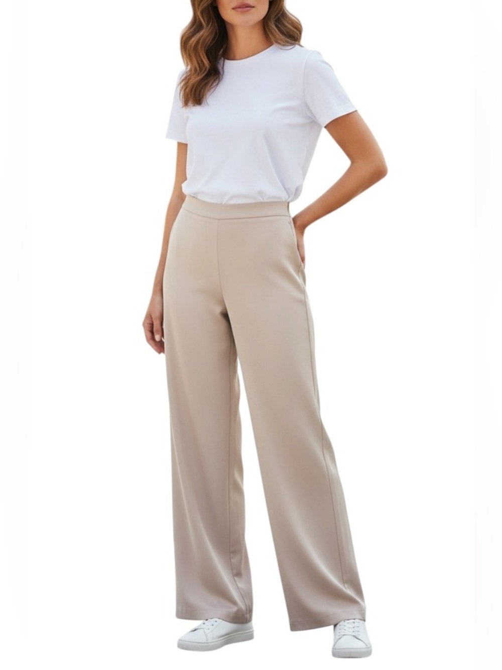 MESHKI HIGH WAIST RISE NEUTRAL CREAM CHAMPAGNE ECRU PANTS M